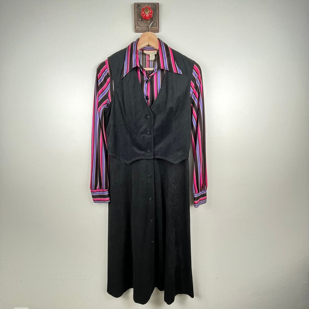 Ms. Sugar Pinstripe Velour Dress with Vest Black Pink Size 10 Vintage Costume